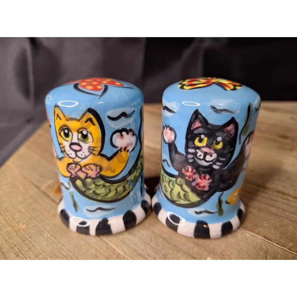 Hand Painted Ceramic Purrmaid Cat Mermaid Salt and Pepper Shakers Under the Sea